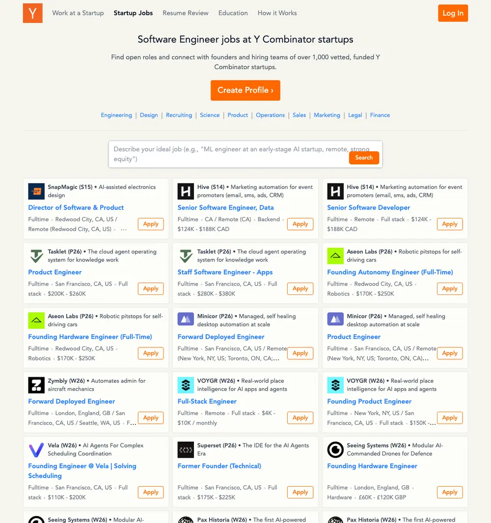 Y Combinator's Work at a Startup job board platform screenshot showing job search interface