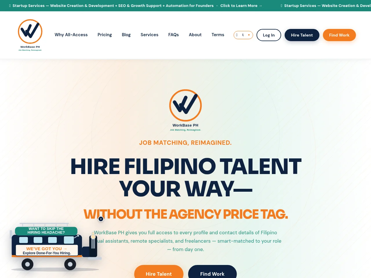 WorkBase PH job board platform screenshot showing job search interface