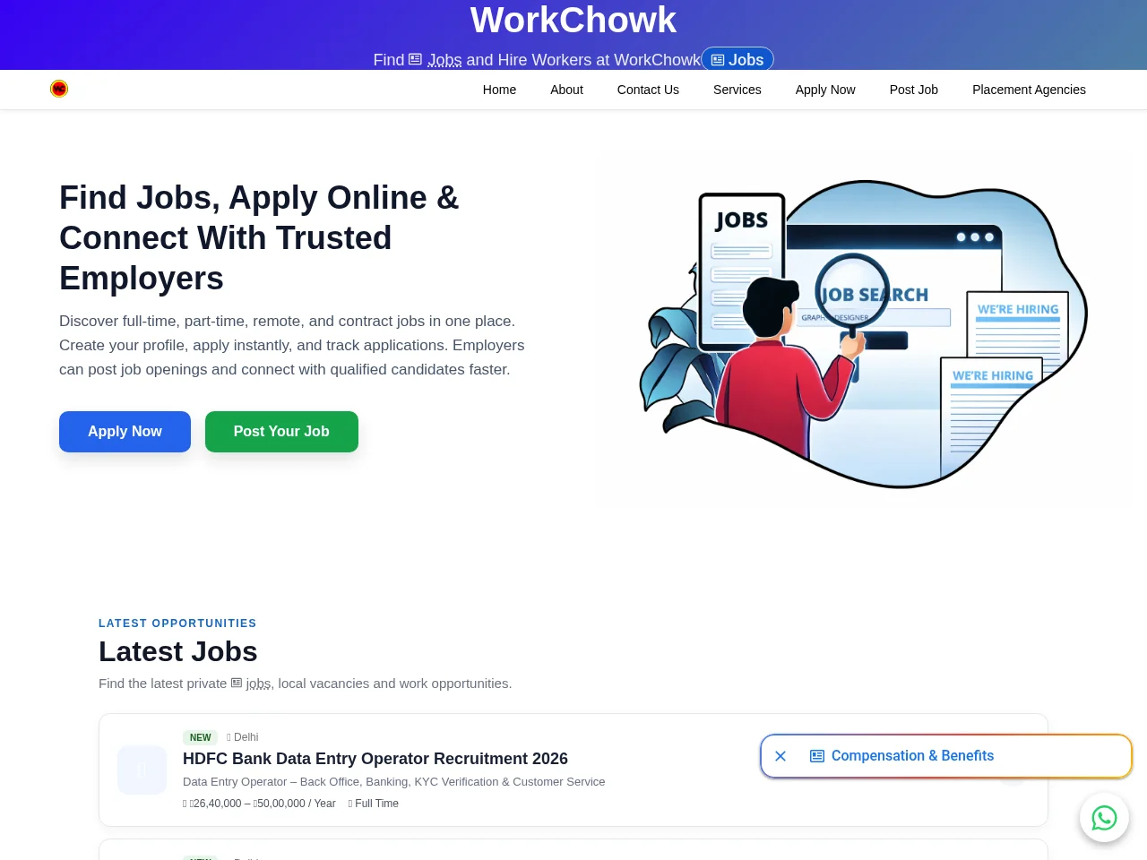 WorkChowk job board platform screenshot showing job search interface