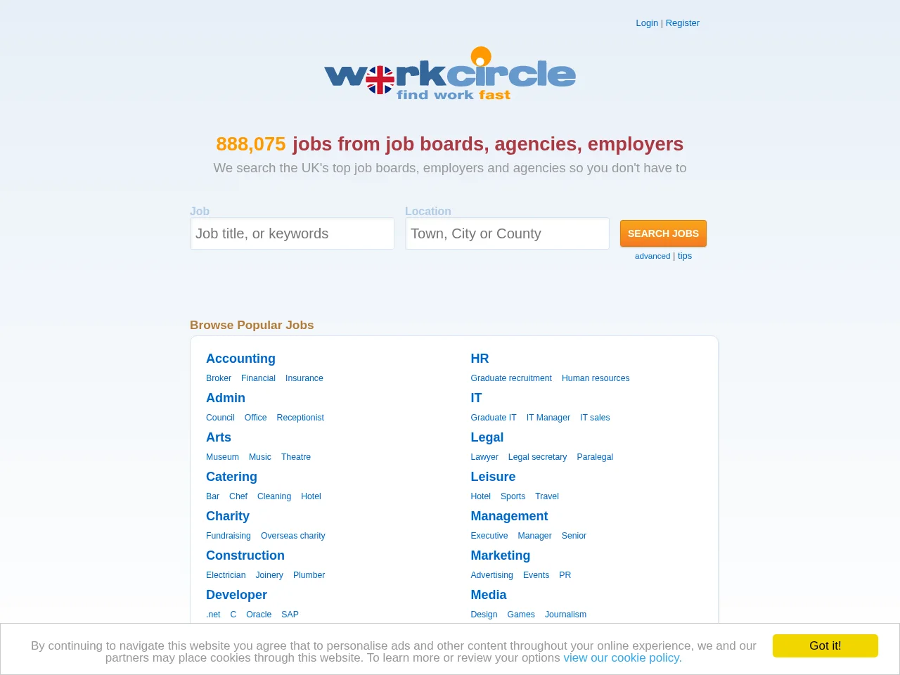 Workcircle UK job board platform screenshot showing job search interface