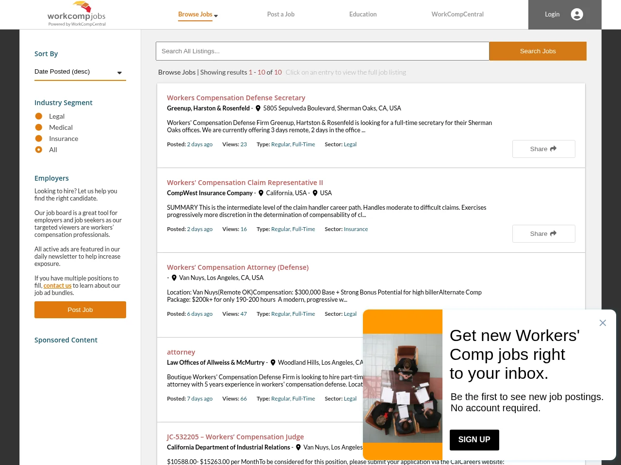 WorkCompJobs job board platform screenshot showing job search interface