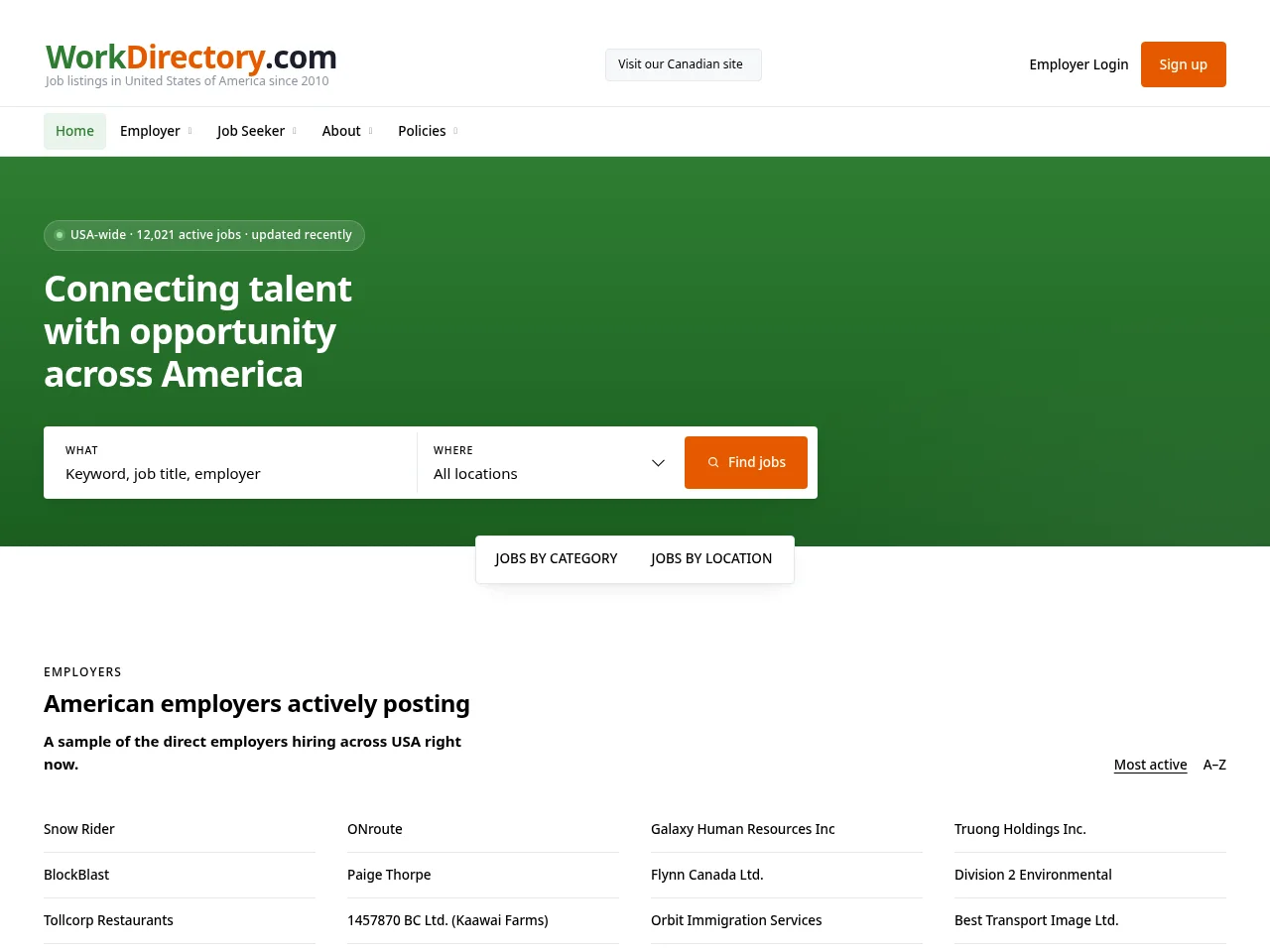 workdirectory.com job board platform screenshot showing job search interface