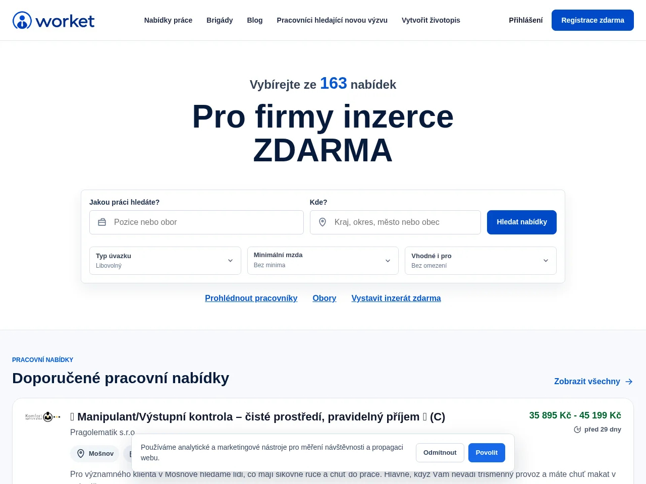Worket.cz job board platform screenshot showing job search interface
