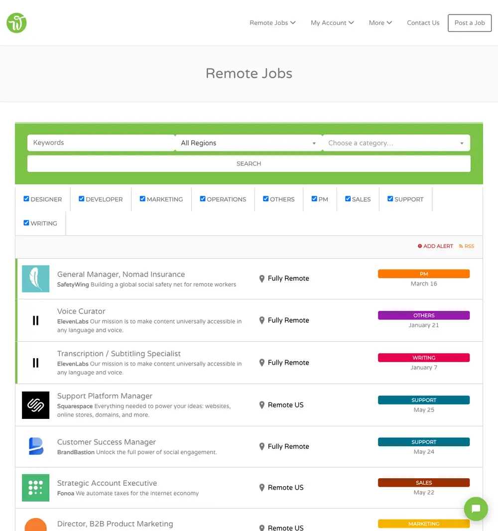 Workew job board platform screenshot showing job search interface