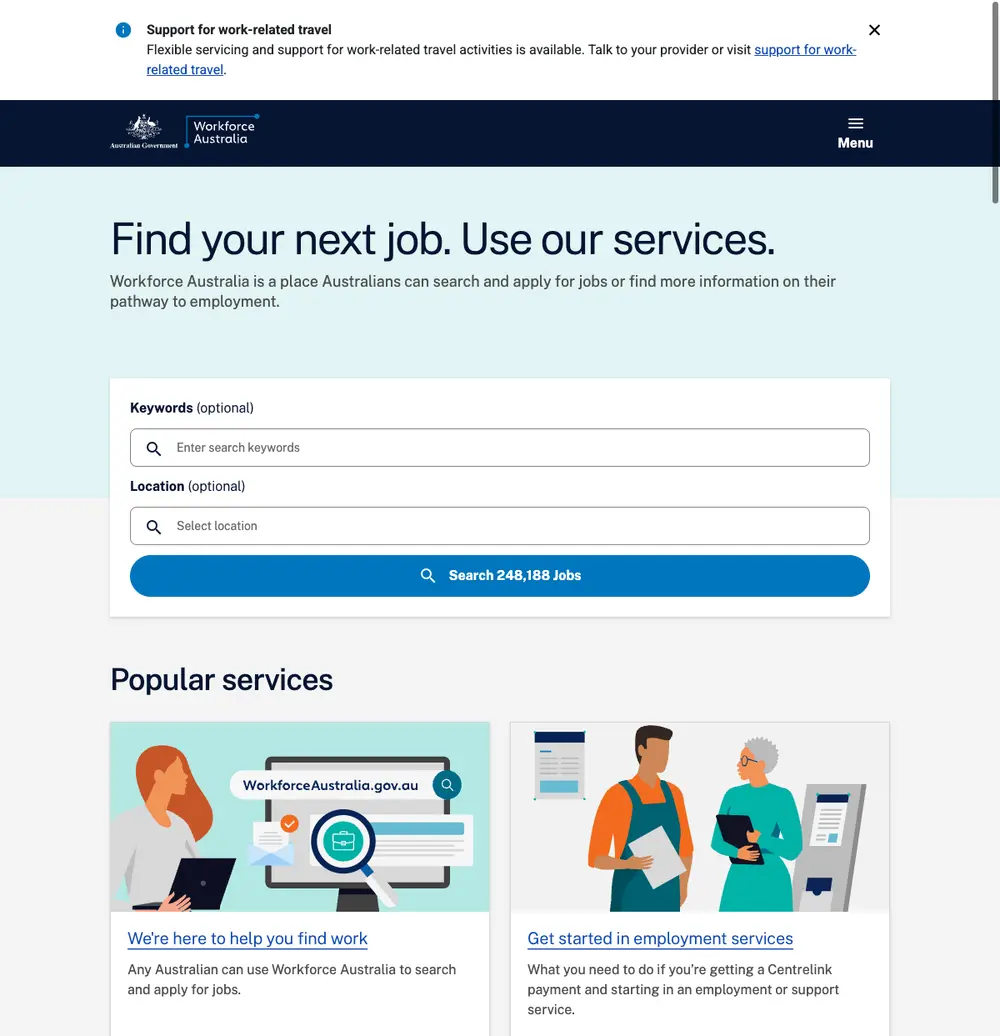Workforce Australia job board platform screenshot showing job search interface
