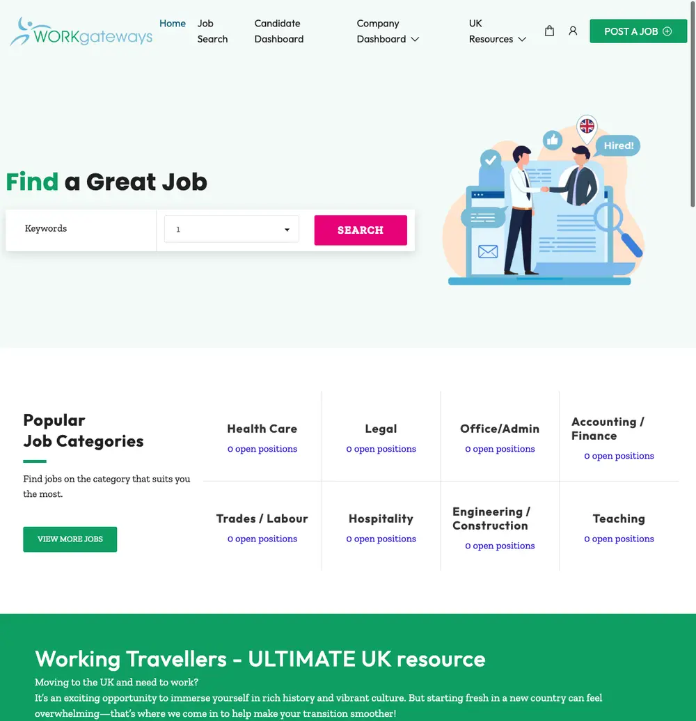 WORKgateways job board platform screenshot showing job search interface