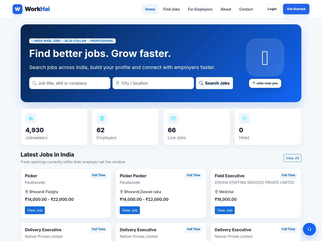 WorkHai job board platform screenshot showing job search interface