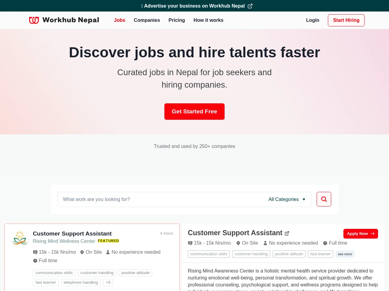 Workhub Nepal job board platform screenshot showing job search interface