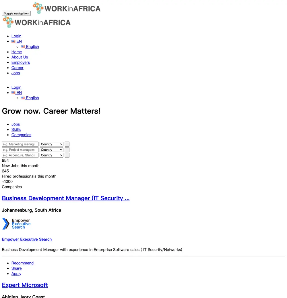 Work in Africa job board platform screenshot showing job search interface