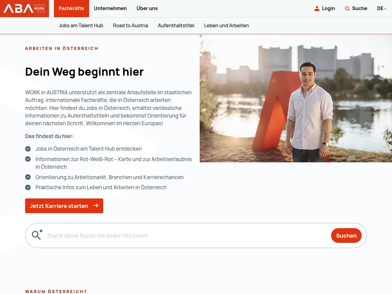 WORK in AUSTRIA job board platform screenshot showing job search interface