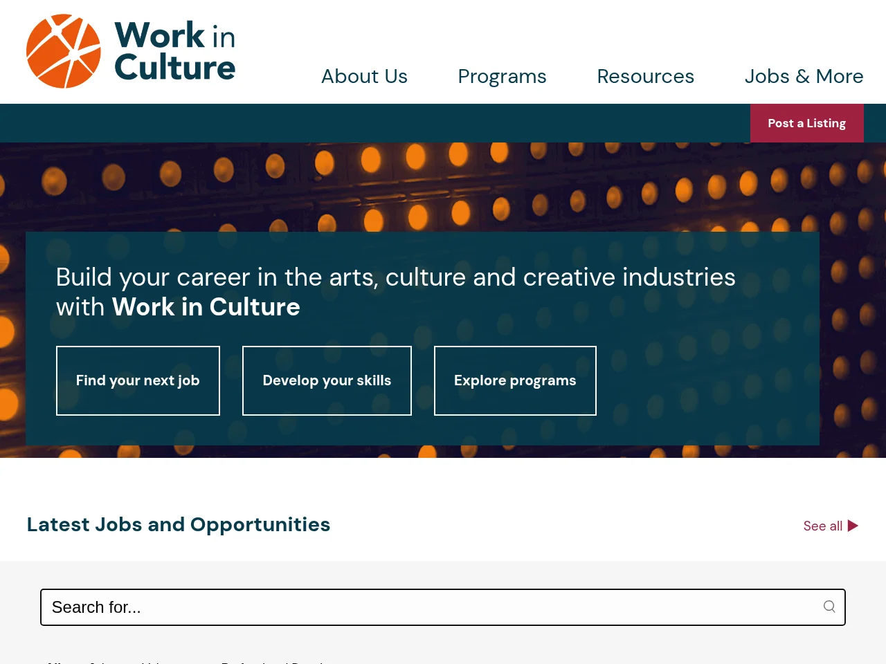 Work in Culture job board platform screenshot showing job search interface