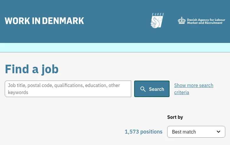 Work in Denmark screenshot Work in Denmark job board platform screenshot showing job search interface