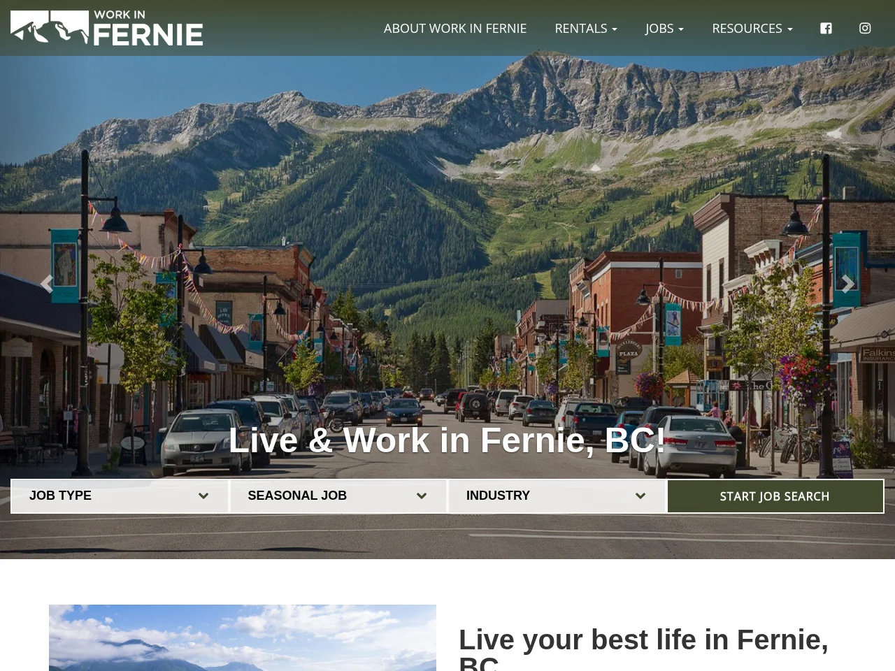 Work In Fernie job board platform screenshot showing job search interface