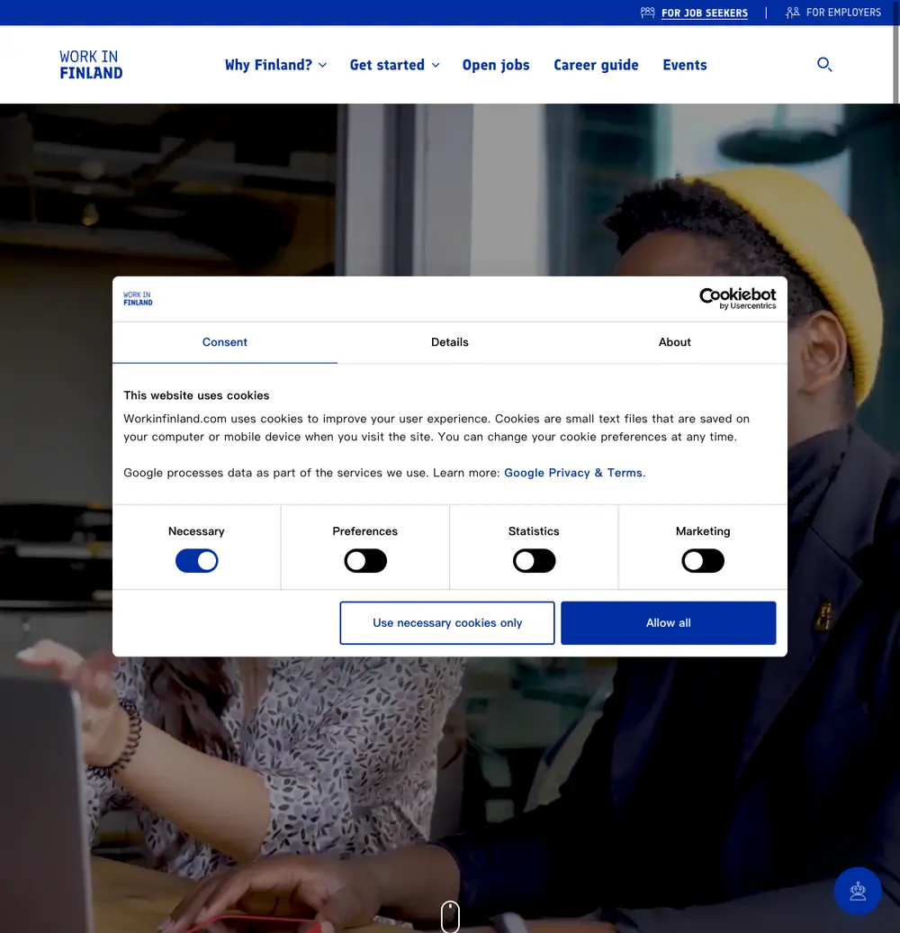 Work in Finland job board platform screenshot showing job search interface