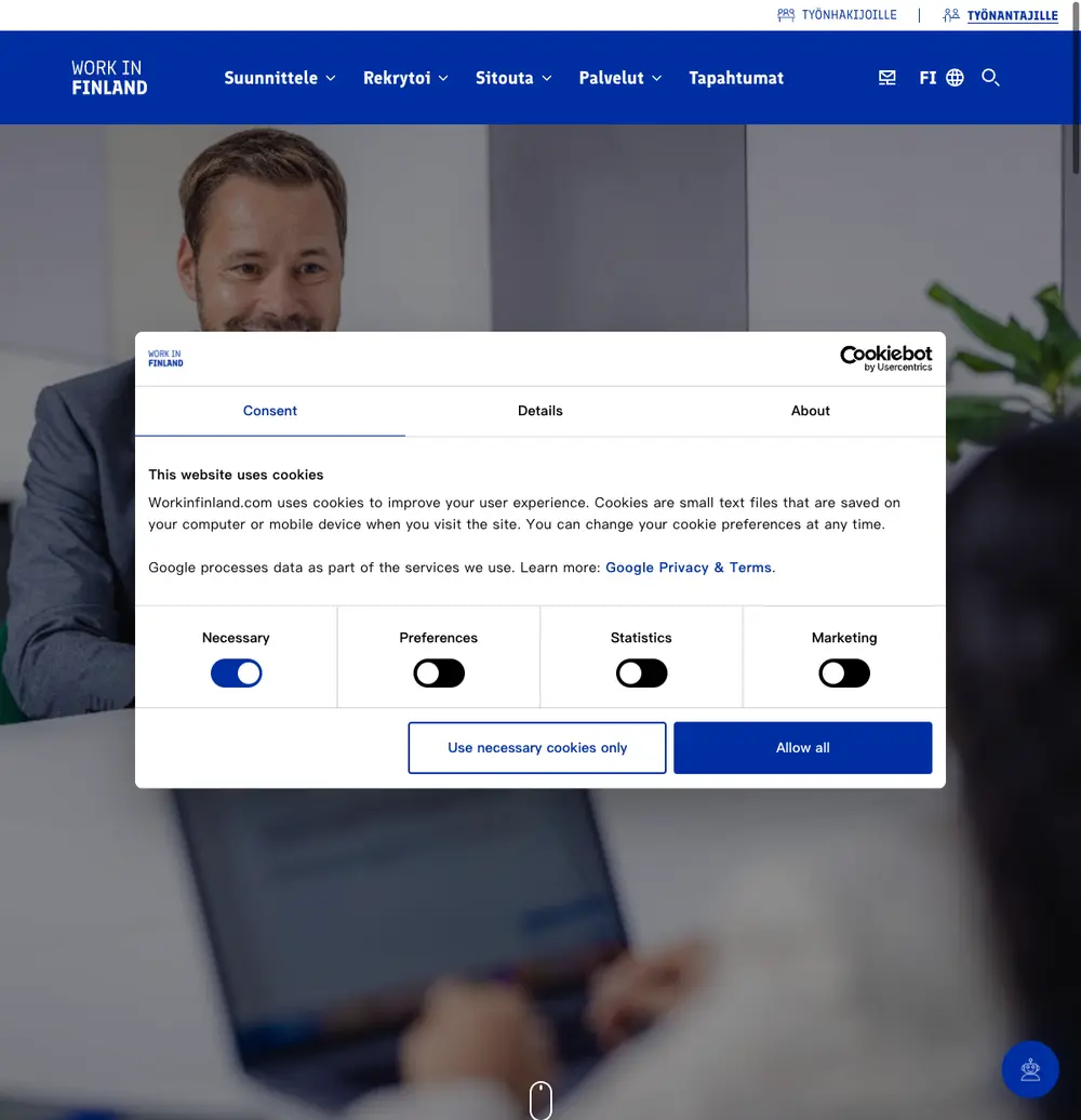 Work in Finland job board platform screenshot showing job search interface