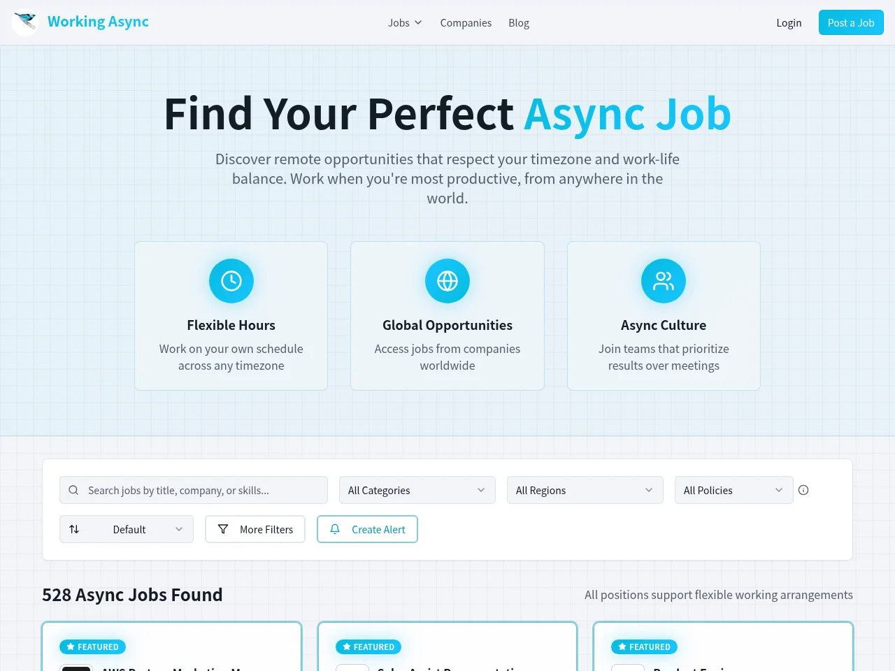 Working Async screenshot Working Async job board platform screenshot showing job search interface