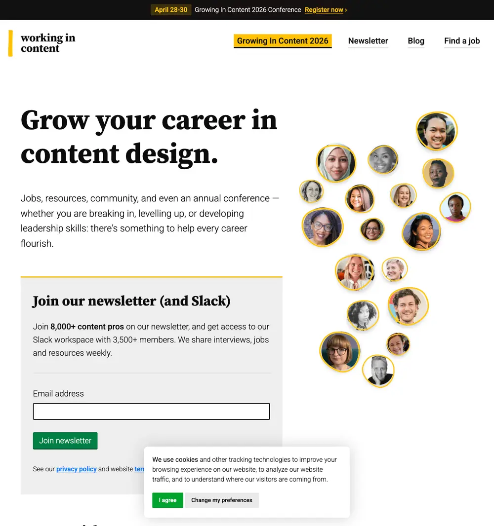 Working In Content job board platform screenshot showing job search interface