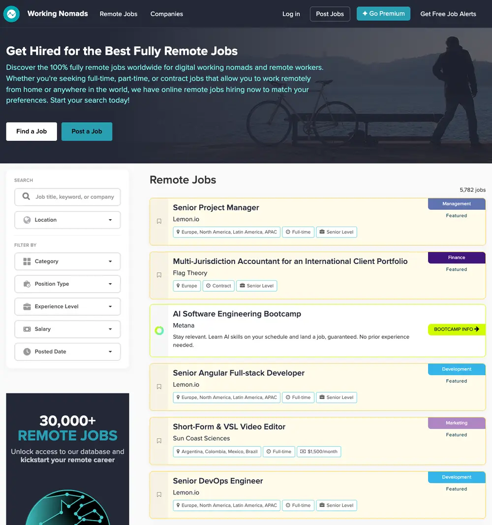 Working Nomads job board platform screenshot showing job search interface