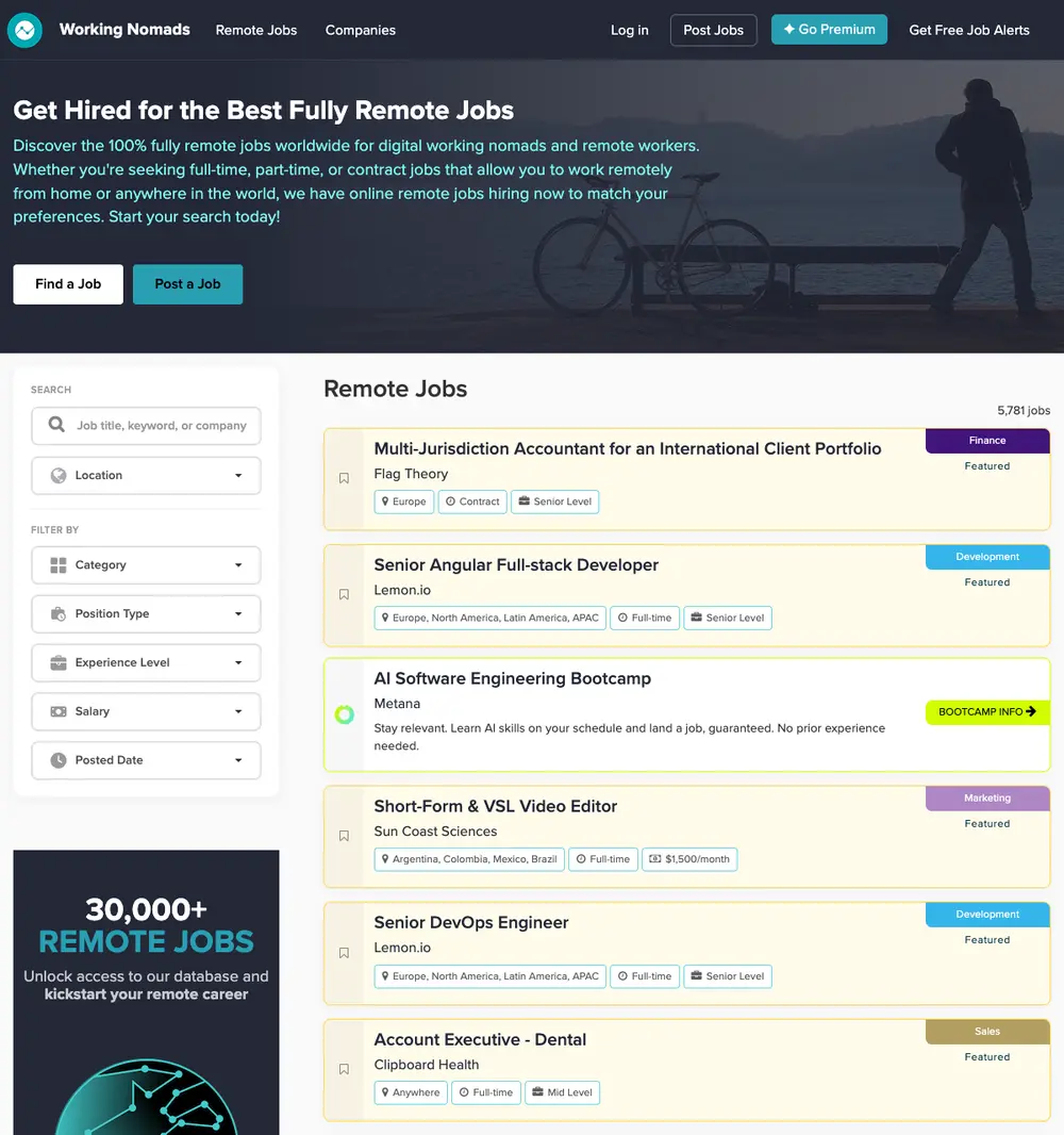 Working Nomads job board platform screenshot showing job search interface