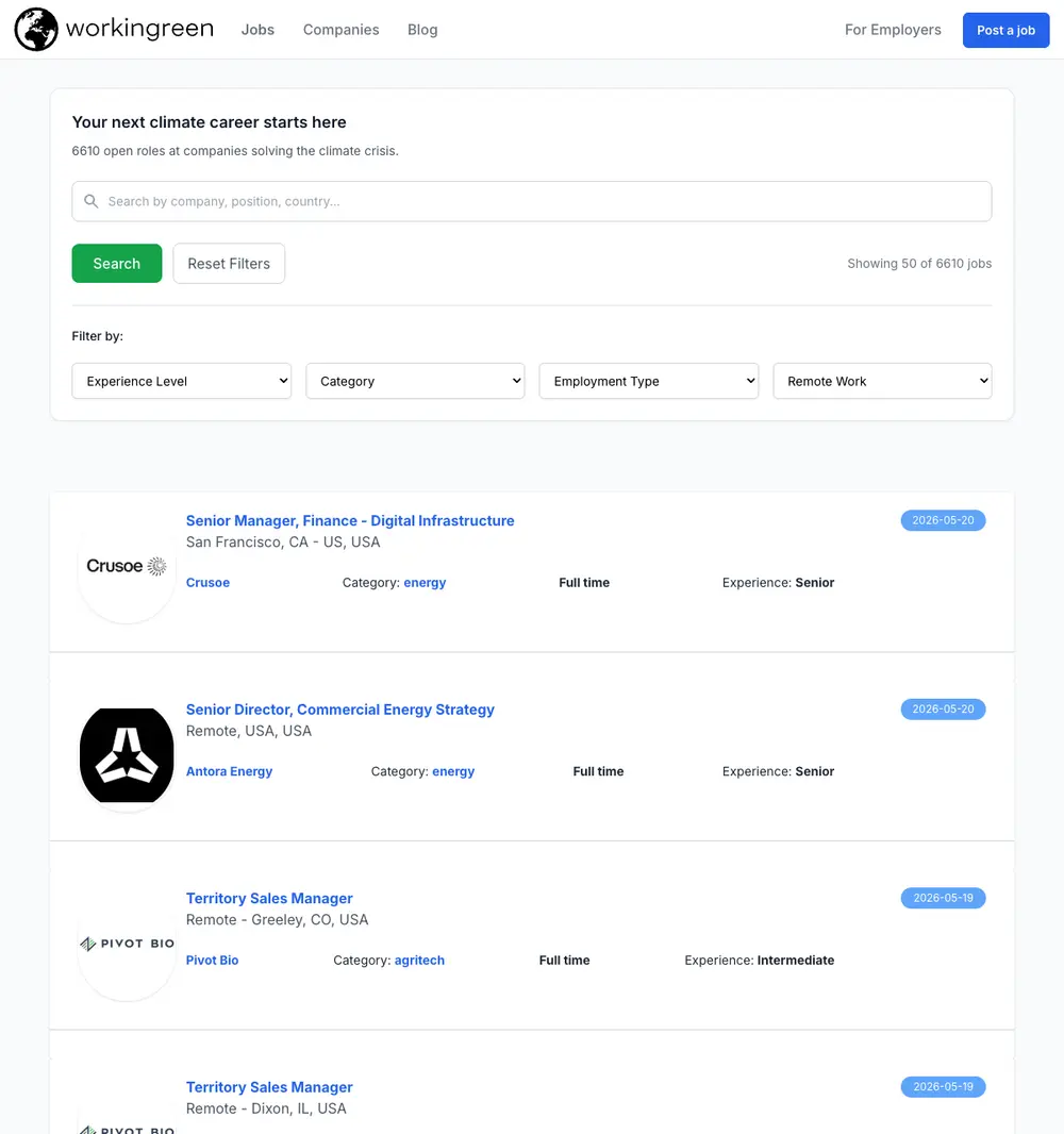 WorkInGreen job board platform screenshot showing job search interface