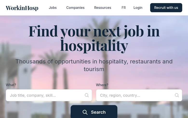 WorkInHosp job board platform screenshot showing job search interface