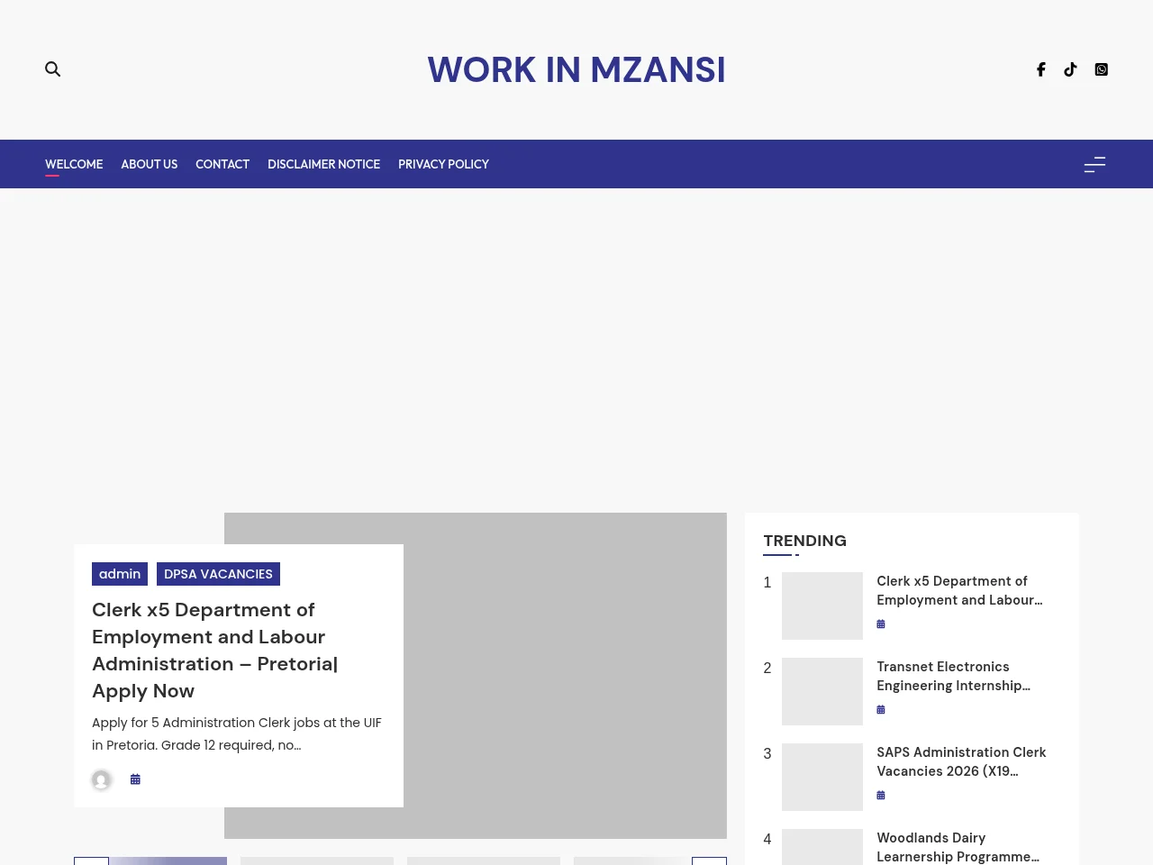 Work in Mzansi job board platform screenshot showing job search interface