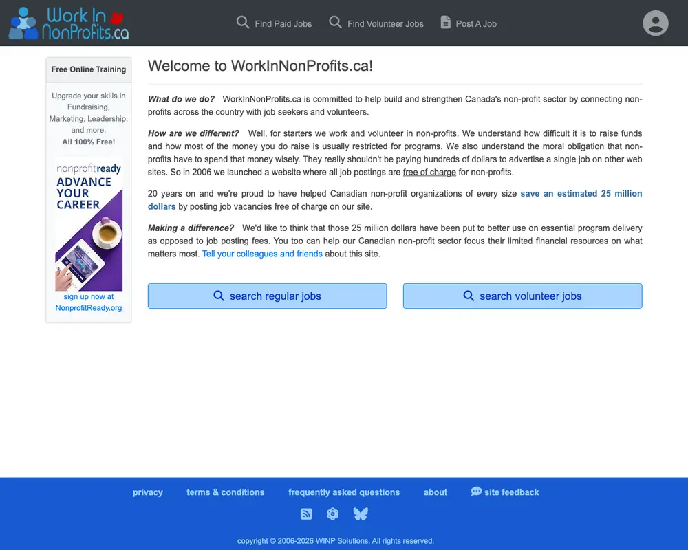 WorkInNonProfits.ca job board platform screenshot showing job search interface