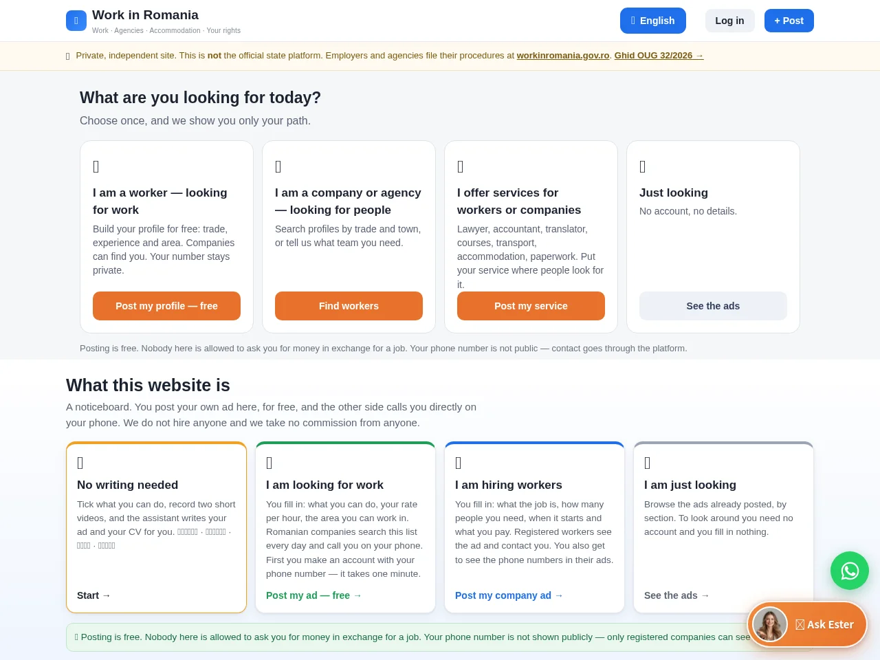 Work in Romania job board platform screenshot showing job search interface