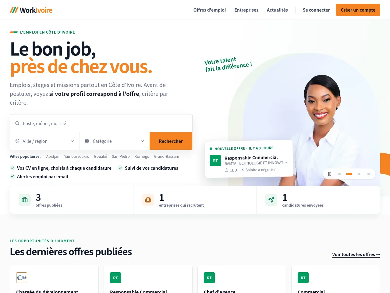 WorkIvoire job board platform screenshot showing job search interface