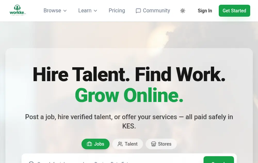 WorkKE job board platform screenshot showing job search interface