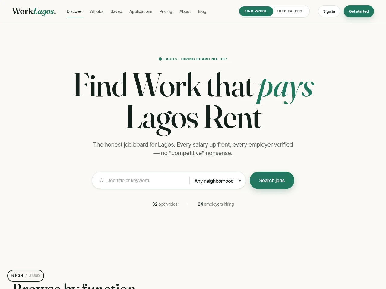 WorkLagos job board platform screenshot showing job search interface