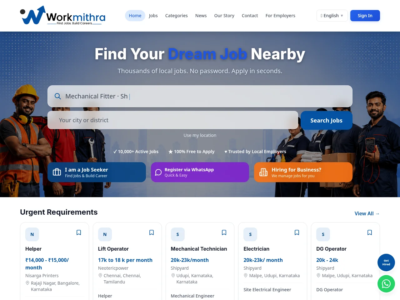 WorkMithra job board platform screenshot showing job search interface