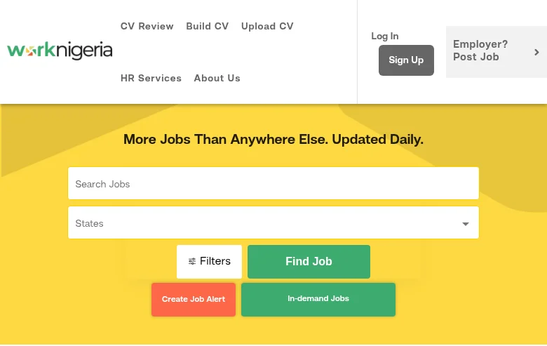 Worknigeria job board platform screenshot showing job search interface