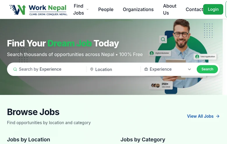 Work Nepal job board platform screenshot showing job search interface