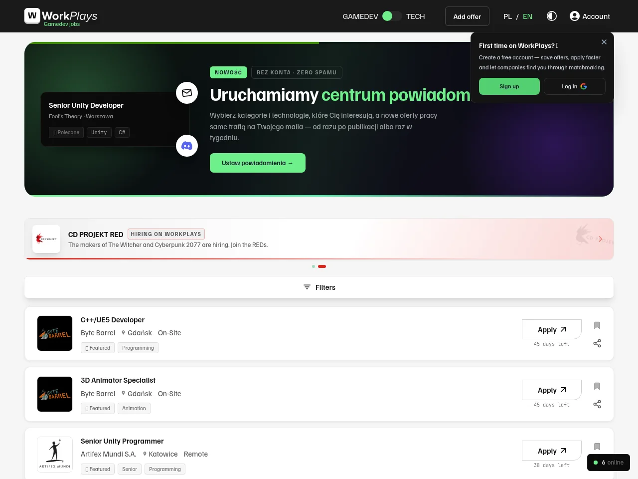 WorkPlays job board platform screenshot showing job search interface