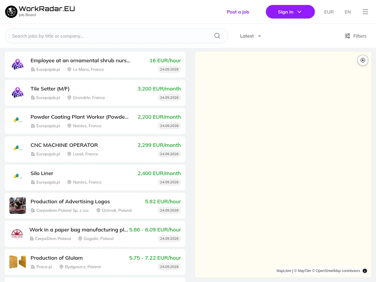 WorkRadar.eu job board platform screenshot showing job search interface