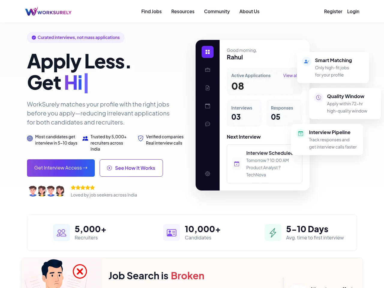 WorkSurely job board platform screenshot showing job search interface