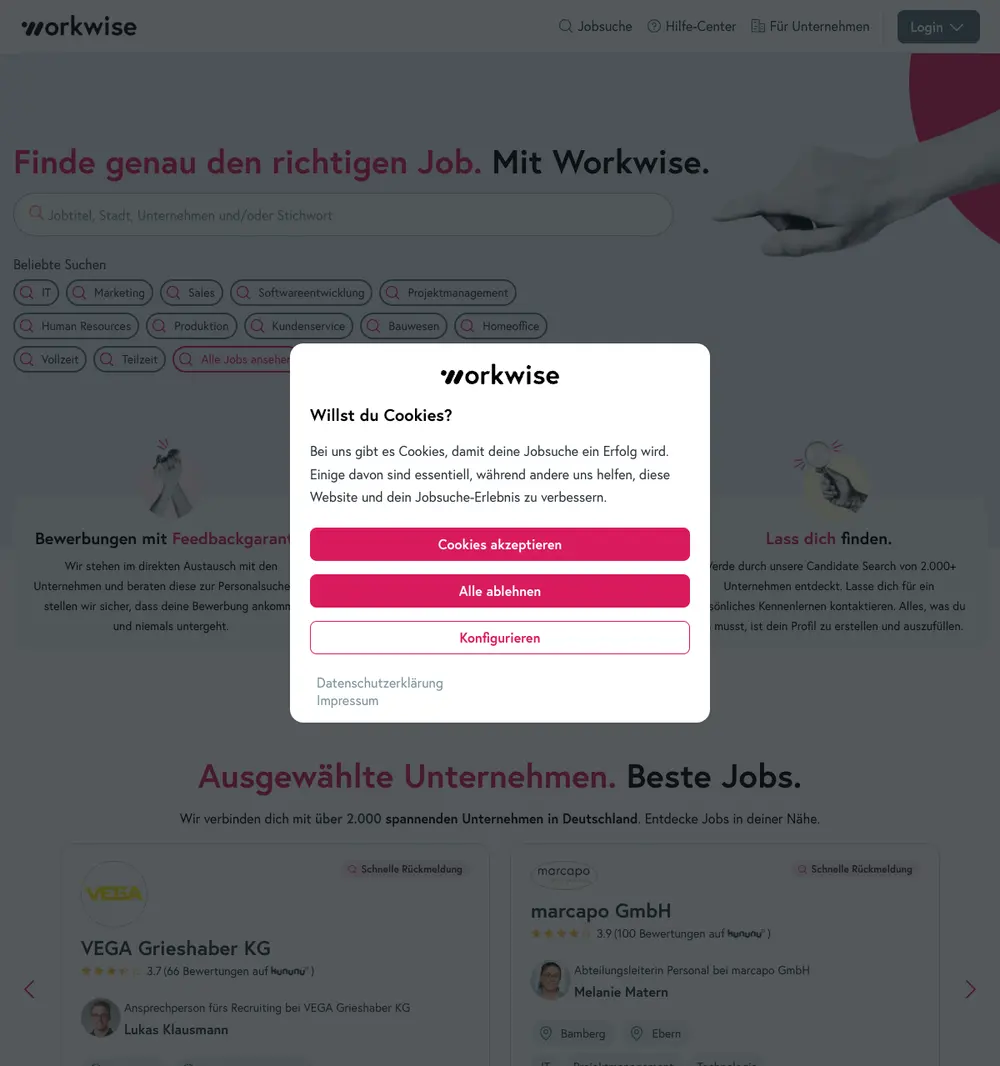 Workwise job board platform screenshot showing job search interface