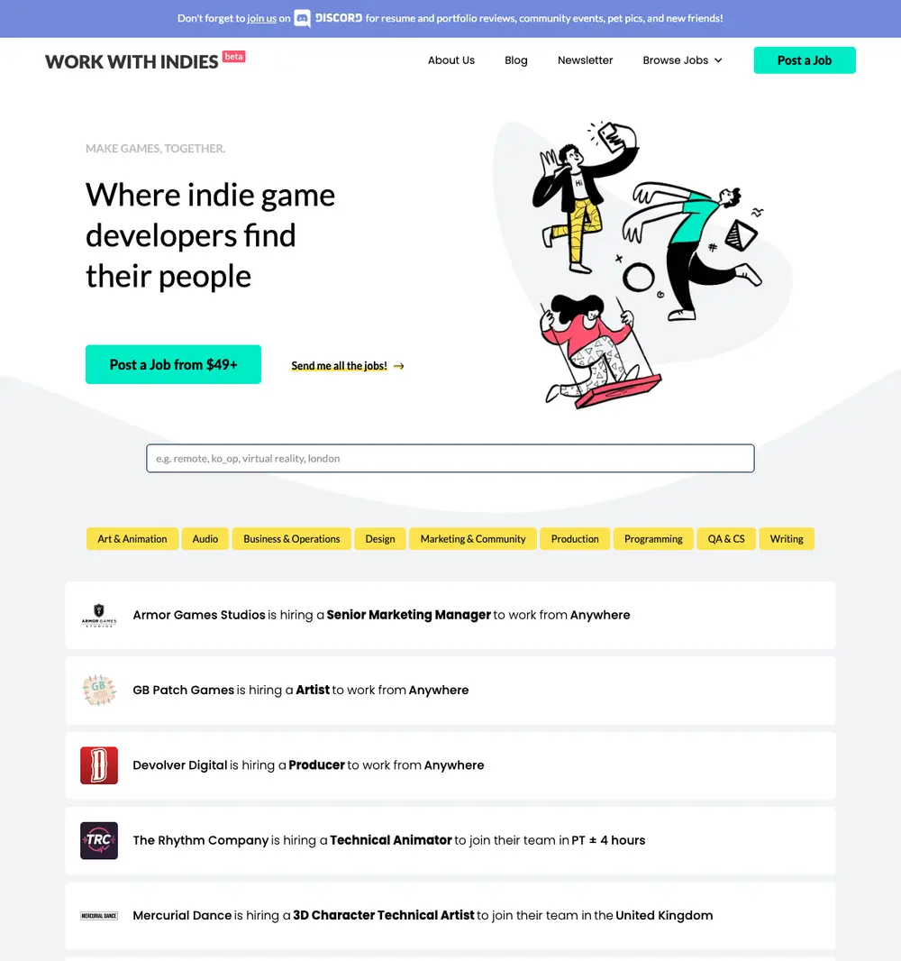 Work With Indies job board platform screenshot showing job search interface