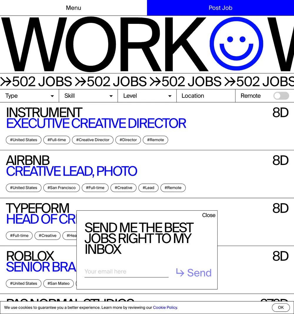 WORKWITHUS job board platform screenshot showing job search interface