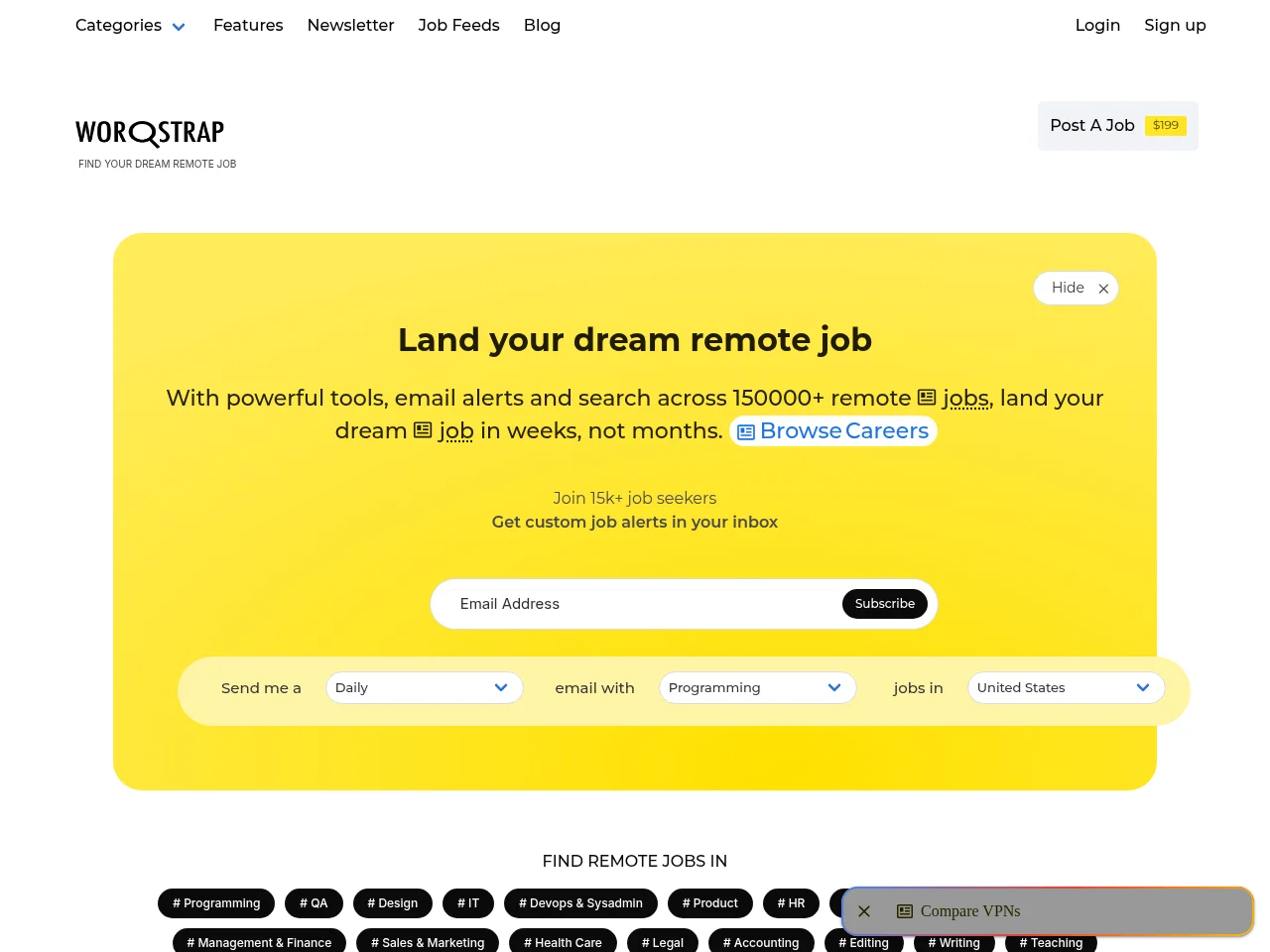 Worqstrap job board platform screenshot showing job search interface
