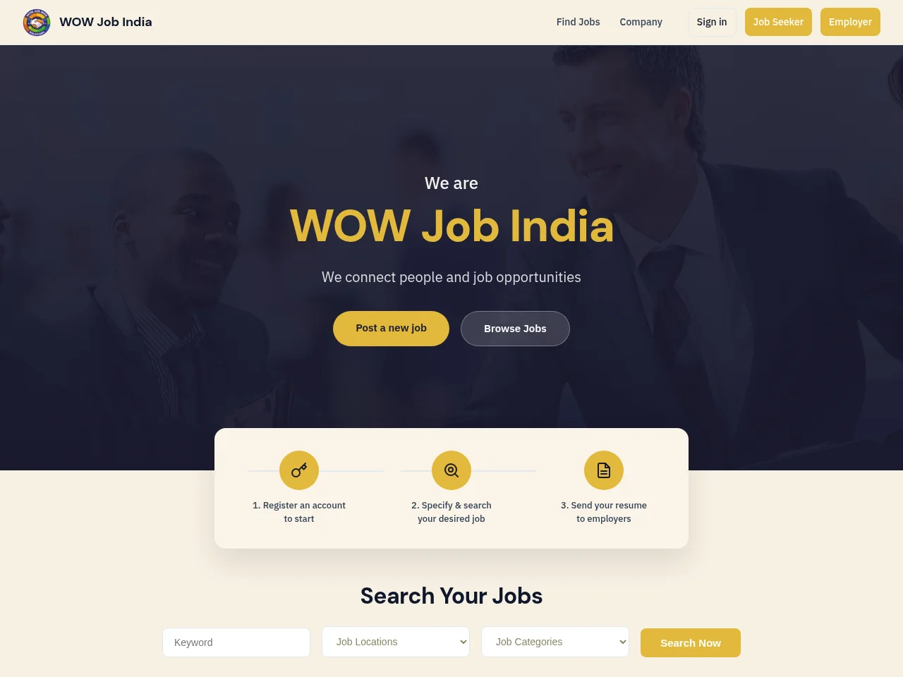 WOW Job India job board platform screenshot showing job search interface