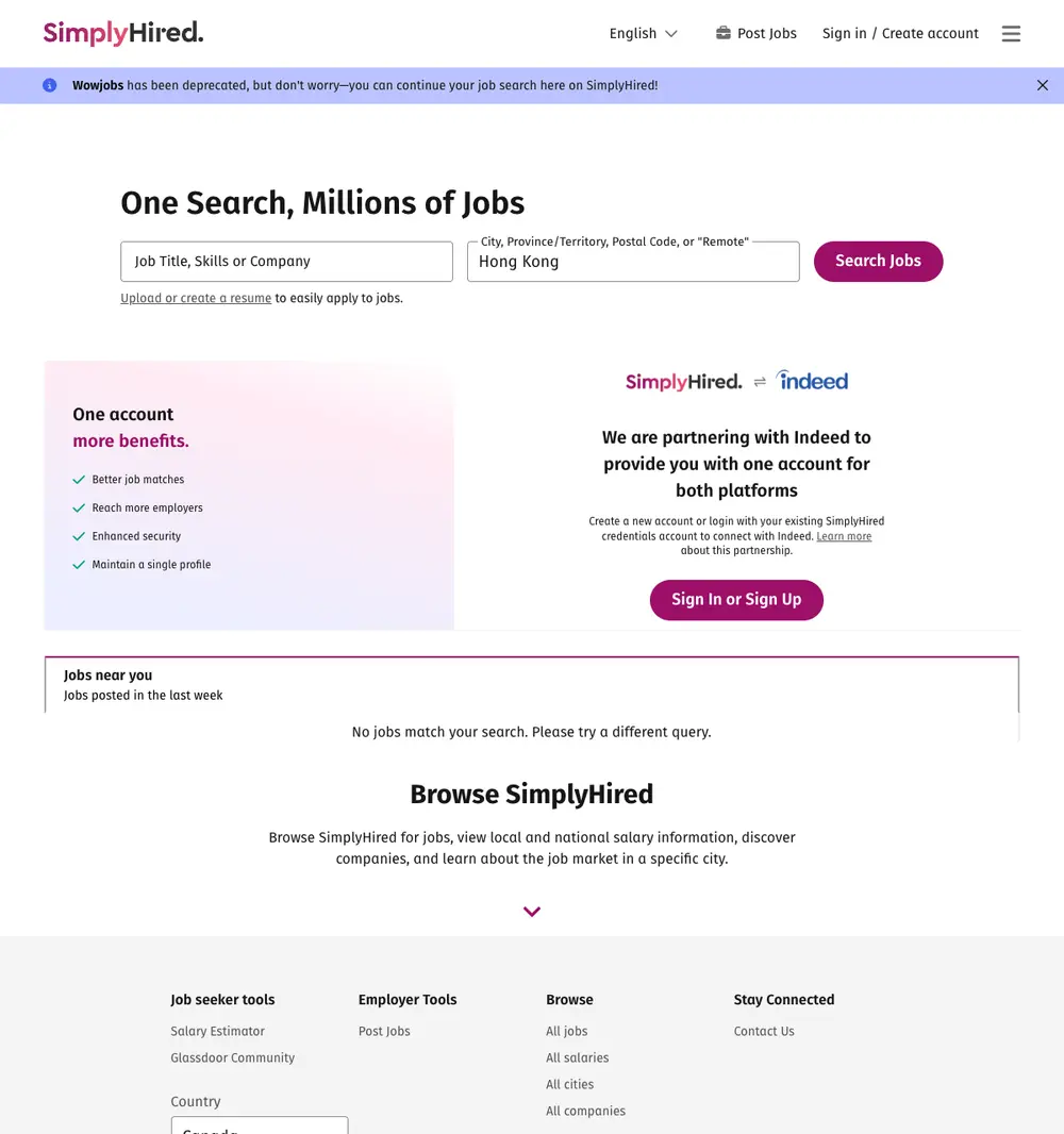 SimplyHired Canada screenshot SimplyHired Canada job board platform screenshot showing job search interface