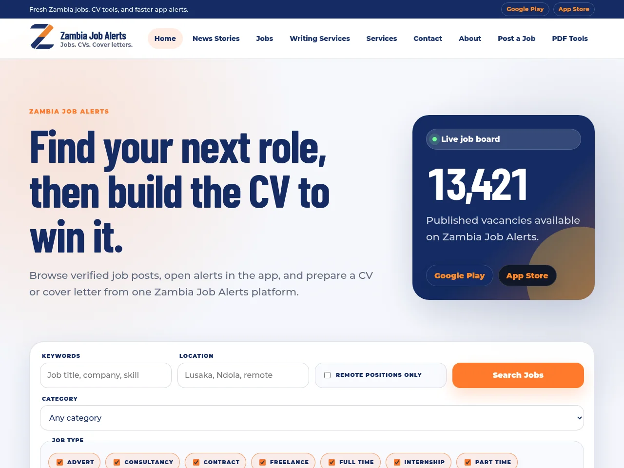 Zambia Job Alerts screenshot Zambia Job Alerts job board platform screenshot showing job search interface