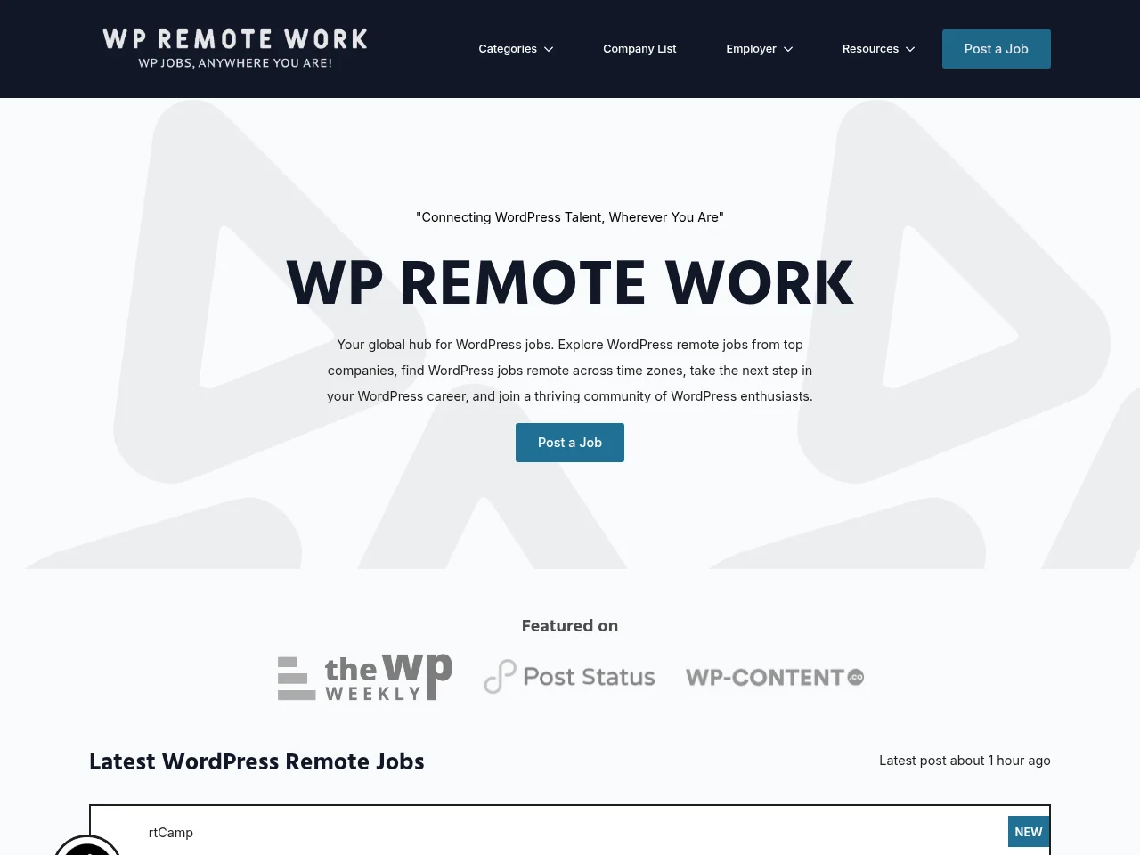 WP Remote Work job board platform screenshot showing job search interface