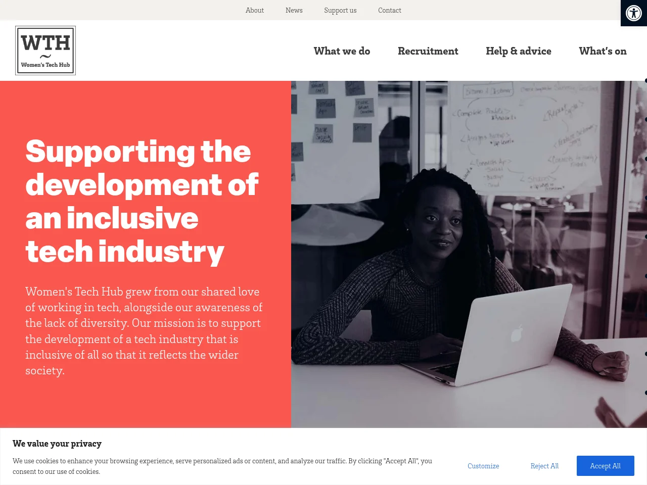 Women's Tech Hub job board platform screenshot showing job search interface