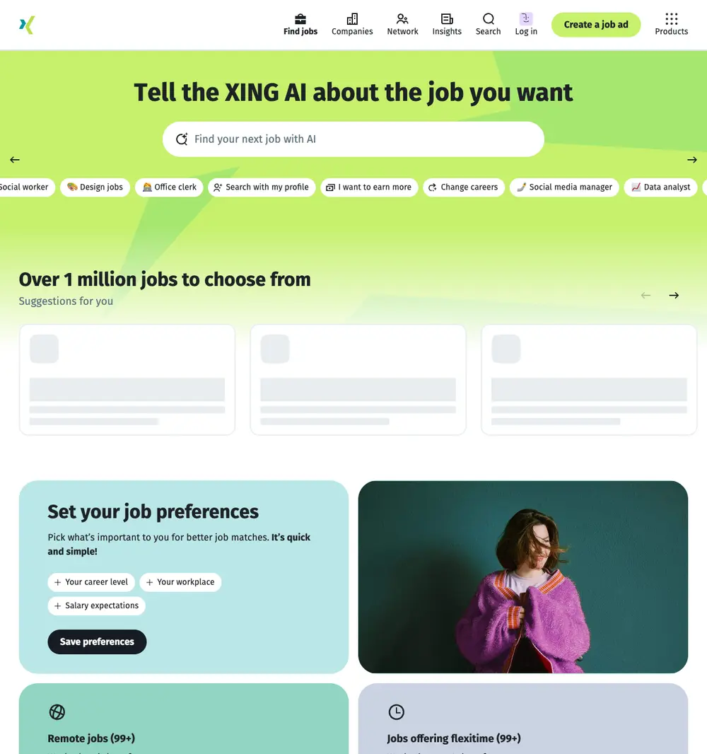 XING job board platform screenshot showing job search interface
