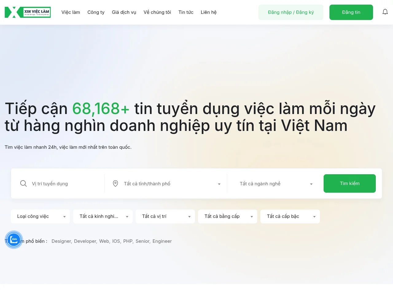 XinViecLam.com job board platform screenshot showing job search interface