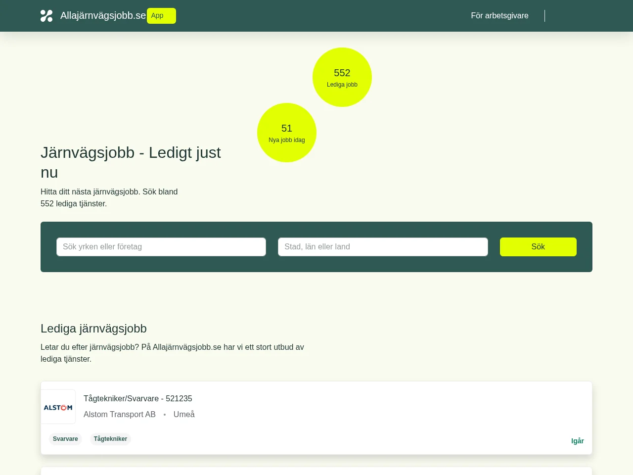 allajärnvägsjobb.se job board platform screenshot showing job search interface