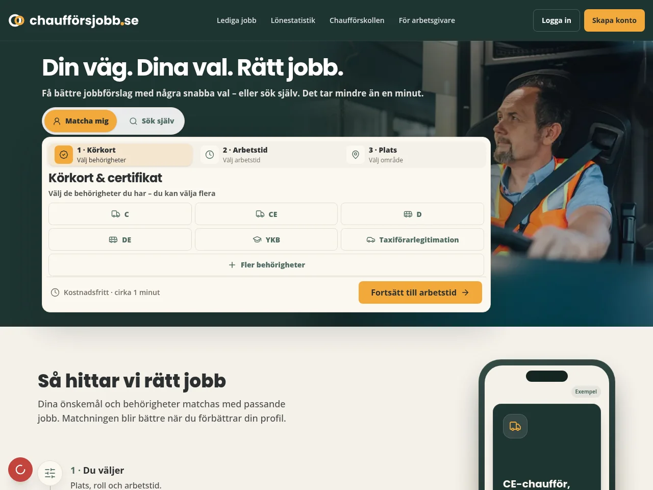 Chaufförsjobb.se job board platform screenshot showing job search interface